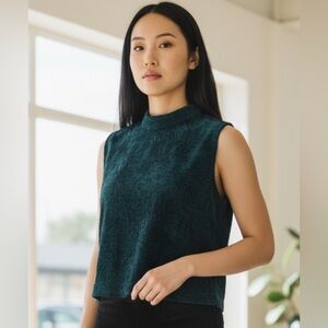 mark womens size Medium mockneck sleeveless shirt $32 Teal black damask tapestry